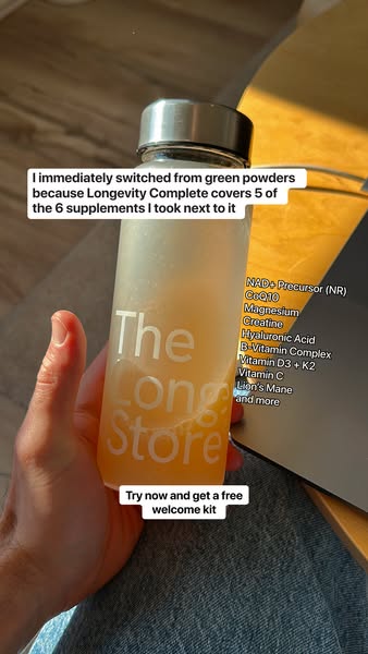 This ad promotes Longevity Complete as a replacement for multiple supplements, offering a free welcome kit to new custom