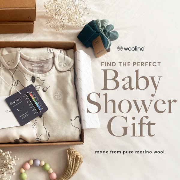 This ad showcases a Woolino baby sleep sack and promotes it as the perfect baby shower gift made from pure merino wool.