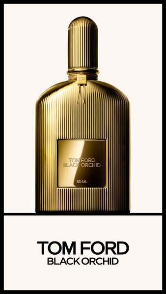 This ad features a single product shot of Tom Ford's Black Orchid perfume. The ad is designed to highlight the luxur