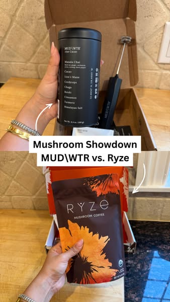 This ad compares MUD\WTR and Ryze mushroom coffee products, highlighting the ingredients and benefits of each.