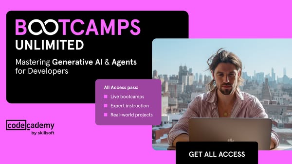 This image ad promotes Codecademy's bootcamps, specifically focusing on mastering Generative AI and Agents for devel