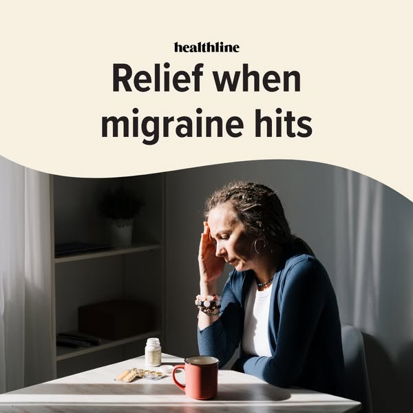 This image ad from Healthline features a woman experiencing a migraine and uses the headline "Relief when migraine 
