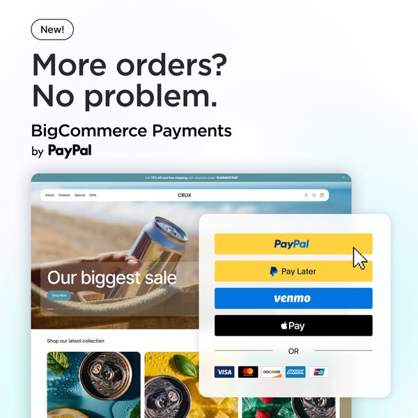 This ad for BigCommerce Payments by PayPal highlights the ability for businesses to grow their orders, showcasing a webs