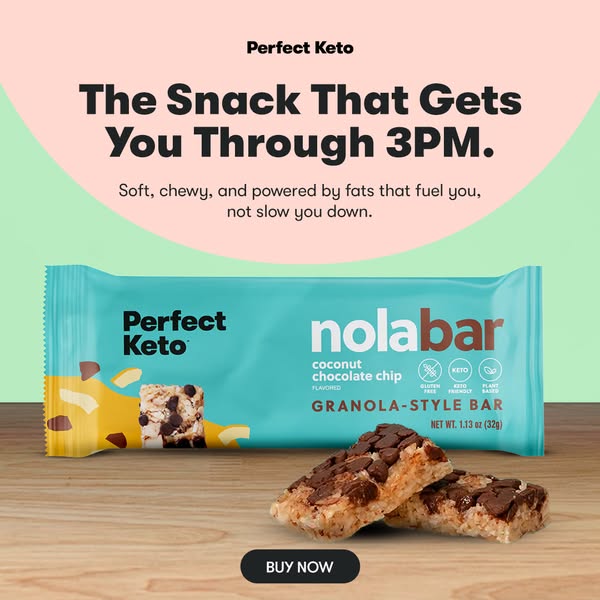 This image ad for Perfect Keto promotes their nolabar coconut chocolate chip granola-style bar as a snack that provides 