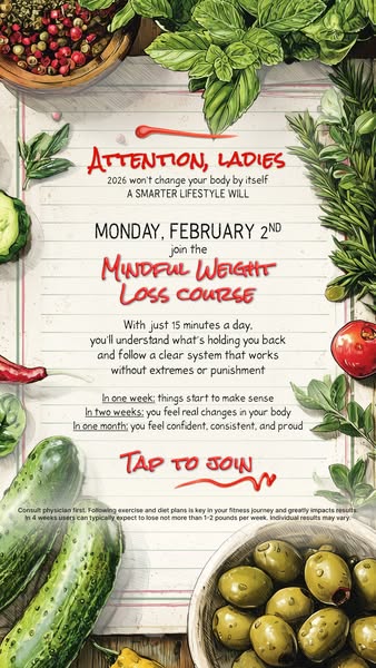 The image ad invites women to join a mindful weight loss course. The ad uses a combination of direct address, clear bene