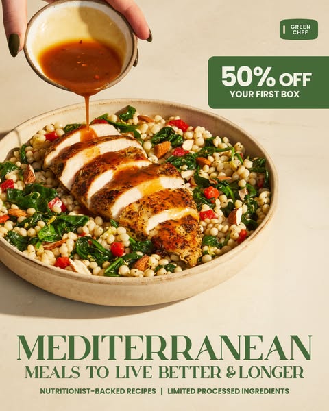 An image ad for Green Chef, a meal kit service, showcasing a Mediterranean dish being prepared and offering 50% off the 
