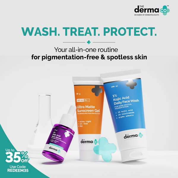 This ad for The Derma Co features three skincare products designed to wash, treat, and protect skin for a pigmentation-f