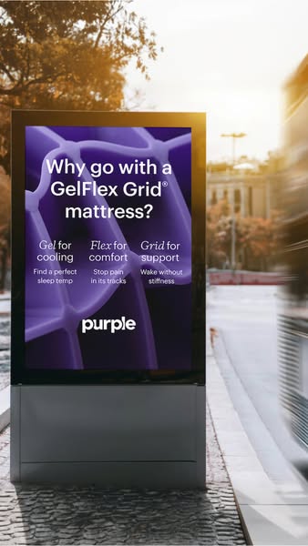 The ad is for the Purple GelFlex Grid mattress. The ad highlights the features and benefits of the GelFlex Grid, emphasi