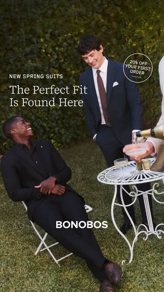 An image ad for Bonobos Spring suits features two men celebrating outdoors with champagne. The ad highlights the 'pe