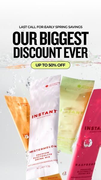 This ad promotes Instant Hydration electrolyte drink mix with a focus on a limited-time discount. The visual features th