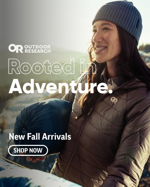 This ad for Outdoor Research features a woman in outdoor apparel, holding a sleeping bag, with the headline "Rooted
