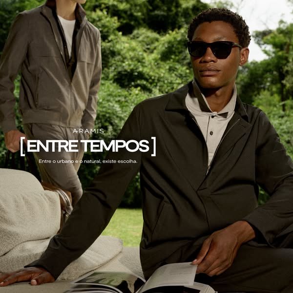 This image ad by Aramis features two men in outdoor attire, presenting the brand's clothing line designed for transi