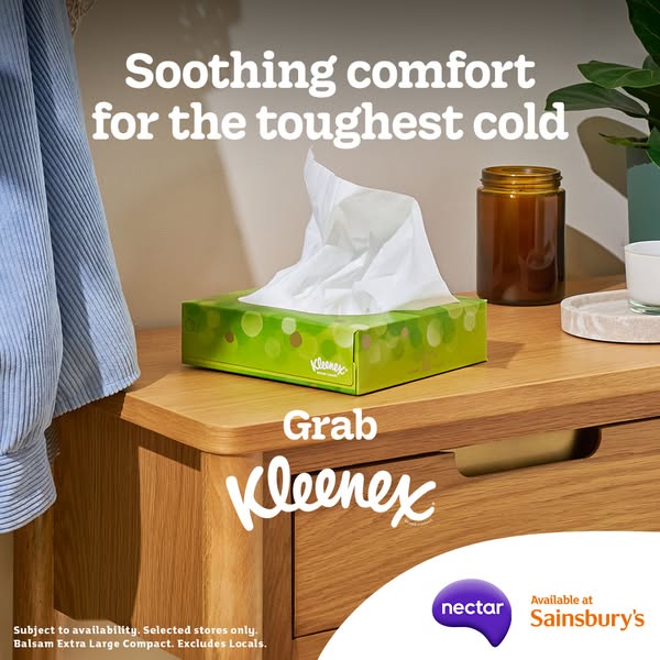 This ad promotes Kleenex tissues for cold and flu season, highlighting their soothing comfort. It emphasizes availabilit