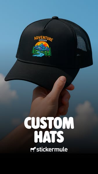 This ad features a black hat with a colorful logo on the front. The ad promotes the ability to create custom hats.