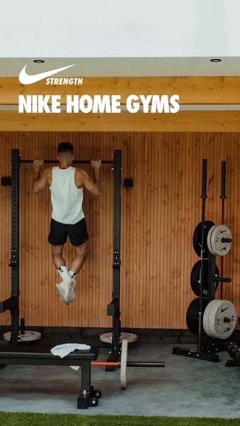 This ad showcases Nike's home gym equipment, featuring a man doing pull-ups in a well-equipped home gym setting. The