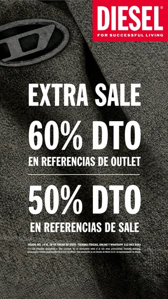 This ad promotes an extra sale event from Diesel. It highlights discounts of 60% on outlet items and 50% on sale items, 