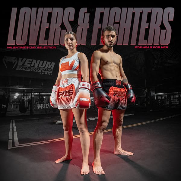 This ad promotes Venum fight wear as a Valentine's Day gift option. Two fighters stand in the ring, one male and one