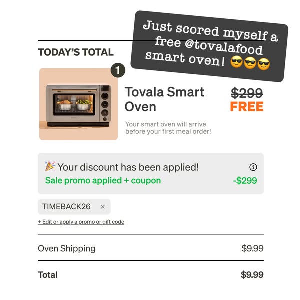 This ad promotes a special deal for a Tovala smart oven. The ad displays an order summary showing the original price cro