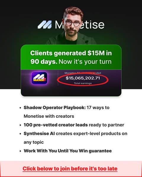 This ad uses social proof of client earnings to highlight the value of the featured product and encourage viewers to joi