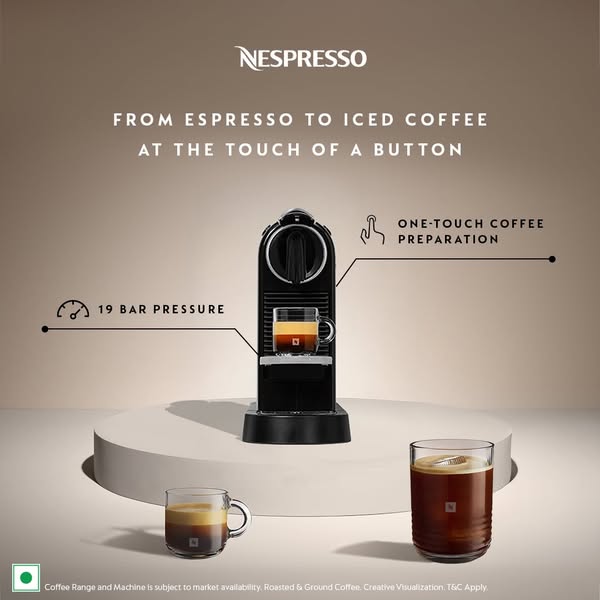 This ad showcases the Nespresso coffee machine and its ability to make both espresso and iced coffee with the touch of a