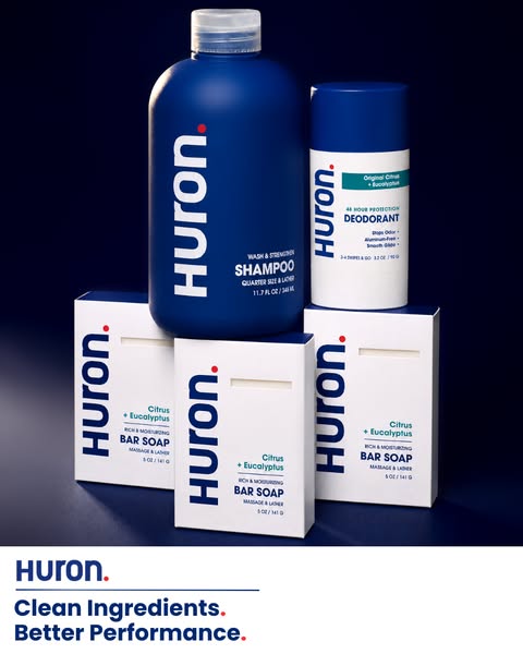 This ad showcases the Huron brand and several of its products, including shampoo, bar soap, and deodorant. The image emp