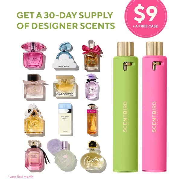 This image ad showcases a collection of designer perfumes available through Scentbird, a subscription service offering a