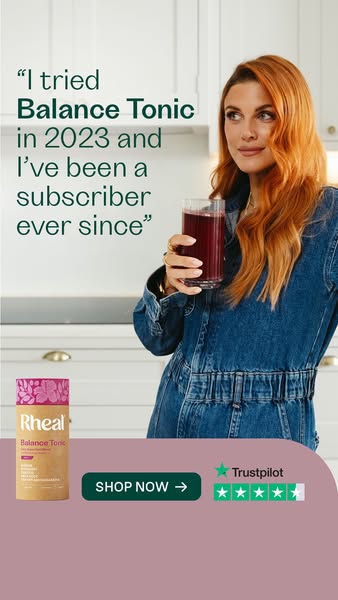 This image ad uses a customer testimonial to promote Rheal Balance Tonic. It features a woman holding a glass of the pro