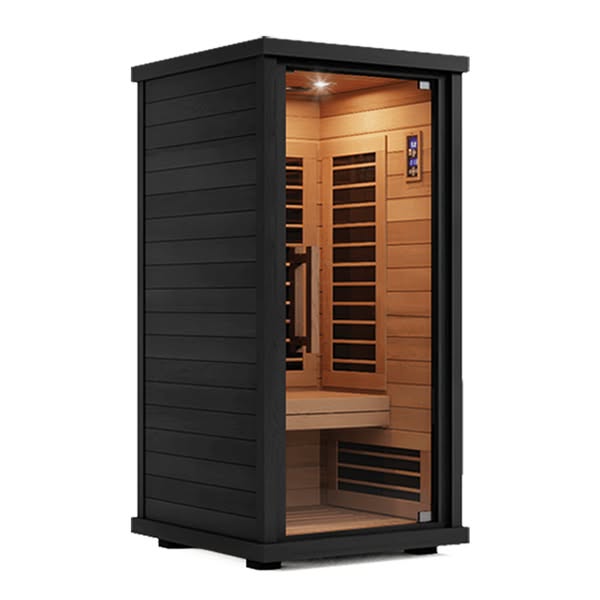 This ad features a single product shot of an indoor sauna. The sauna is black on the outside and natural wood on the ins