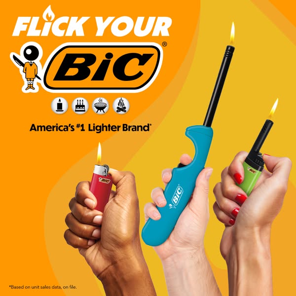 This image ad promotes BIC lighters by highlighting that they are America's #1 Lighter Brand. The ad shows three dif