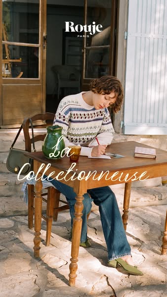 This ad features a woman sitting at a table outside, writing in a notebook. The ad promotes the brand Rouje Paris and th