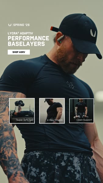 A muscular man is shown wearing workout clothes. The advertisement highlights the product features: super soft feel, 4-w