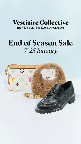 This image ad for Vestiaire Collective promotes an end-of-season sale. It features a curated selection of pre-loved desi