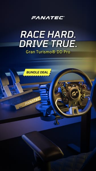 This image ad for Fanatec's Gran Turismo DD Pro racing bundle uses a close up shot of the product to highlight a cur