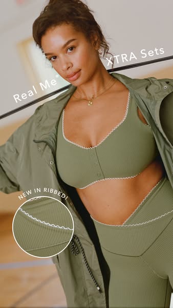 This ad showcases a matching set of clothing from the brand Real Me. It features a woman wearing a sports bra and leggin