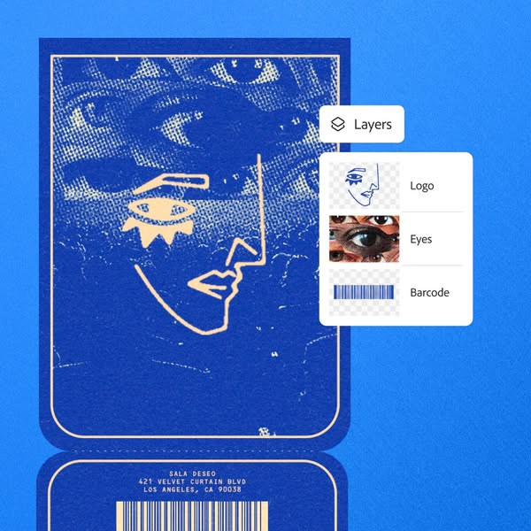 This image ad features a blue and beige design with a stylized face and multiple eyes, overlaid with a 'Layers' 