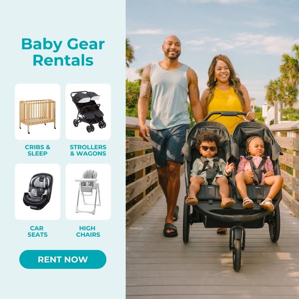 An advertisement for baby gear rentals. The ad features a happy family strolling along a boardwalk, superimposed against