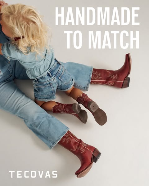This ad features a child and adult wearing matching cowboy boots from Tecovas. The ad highlights the brand's handmad