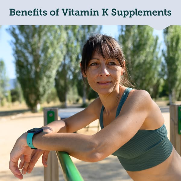 This ad promotes the benefits of vitamin K supplements and shows an image of a woman outdoors.