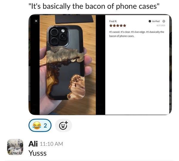 This ad features a screenshot of a social media post highlighting a wooden phone case. The main focus is a 5-star review