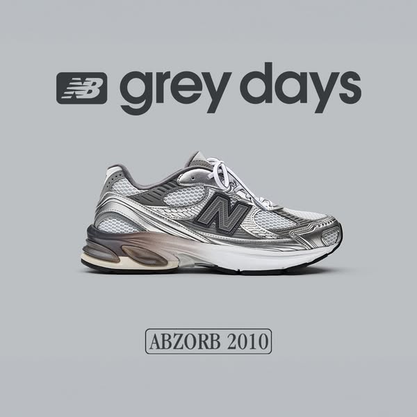 This ad showcases a grey New Balance sneaker, highlighting its design and the brand's 'Grey Days' campaign.