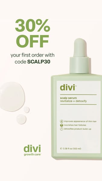 This ad features the Divi scalp serum and promotes a 30% discount on the first order with the code SCALP30.