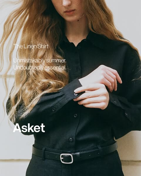 This ad showcases the Asket linen shirt, emphasizing its essential and timeless qualities for summer. The ad's visua