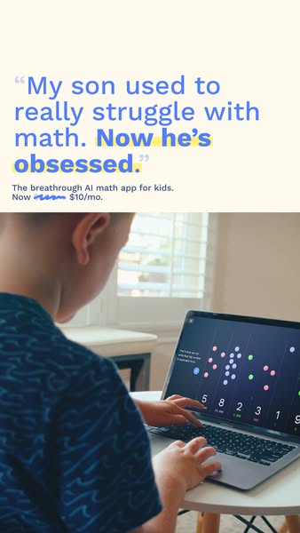 This ad showcases a testimonial from a parent whose child struggled with math but is now thriving thanks to the app, pos