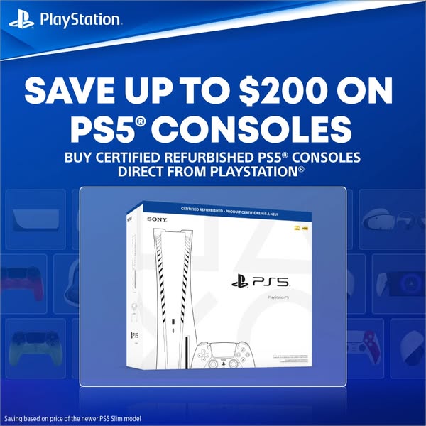 This ad is promoting certified refurbished PS5 consoles that are available directly from PlayStation. The promotion offe