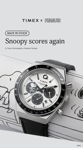 The ad showcases the Timex x Peanuts watch, highlighting its 'back in stock' status. The visual focuses on the w