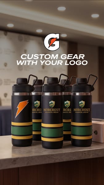 This image ad showcases Gatorade's custom gear service, featuring stainless steel water bottles with the brand's