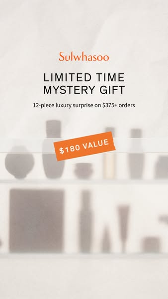 This Sulwhasoo ad promotes a limited-time mystery gift, a 12-piece luxury surprise, available on orders of $375 or more.