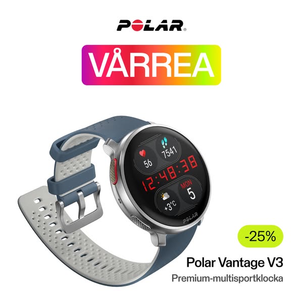 This is an image ad for Polar Vantage V3, a premium multisport watch. The ad features a discount offer and emphasizes th