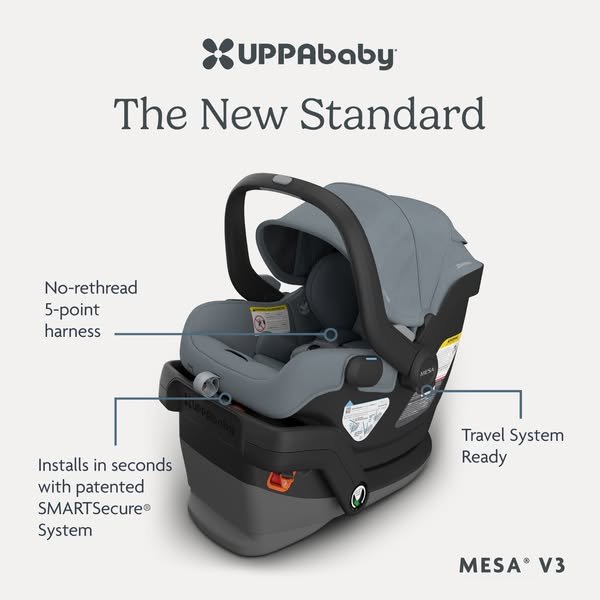 This ad showcases the UPPAbaby MESA V3 infant car seat. It highlights key features such as the no-rethread 5-point harne