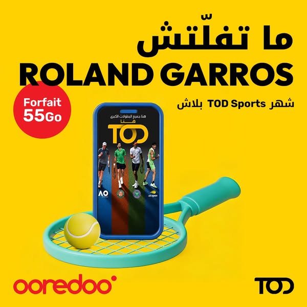 The ad features a phone displaying the TOD sports app with a foreground of a tennis racket and ball. There is an offer o